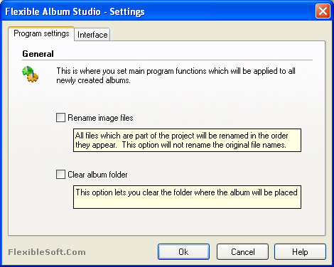 Flexible Album Studio - Settings window